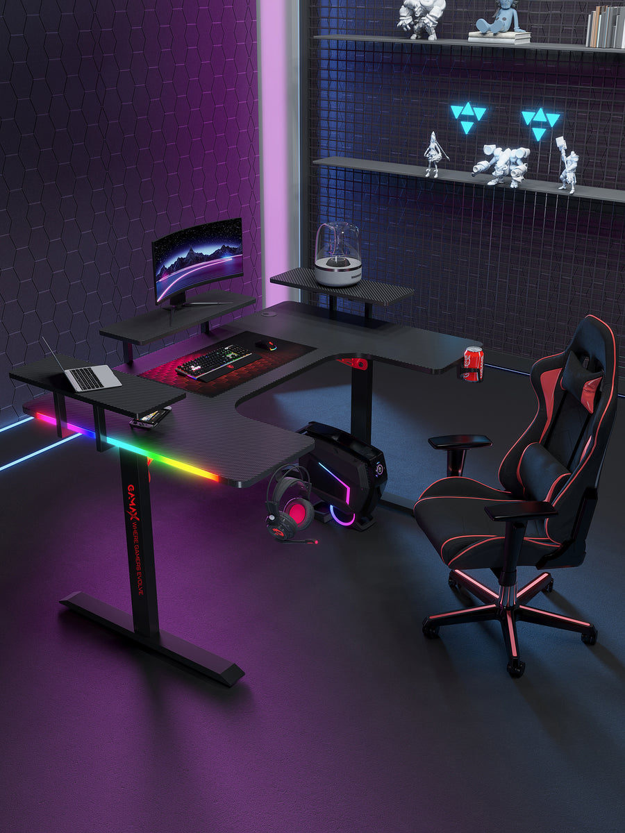 Gamax P203 RGB Carbon Fiber Gaming Workstation Desk with Multi Level Shelves and mousepad 160*100*74 cm - Black