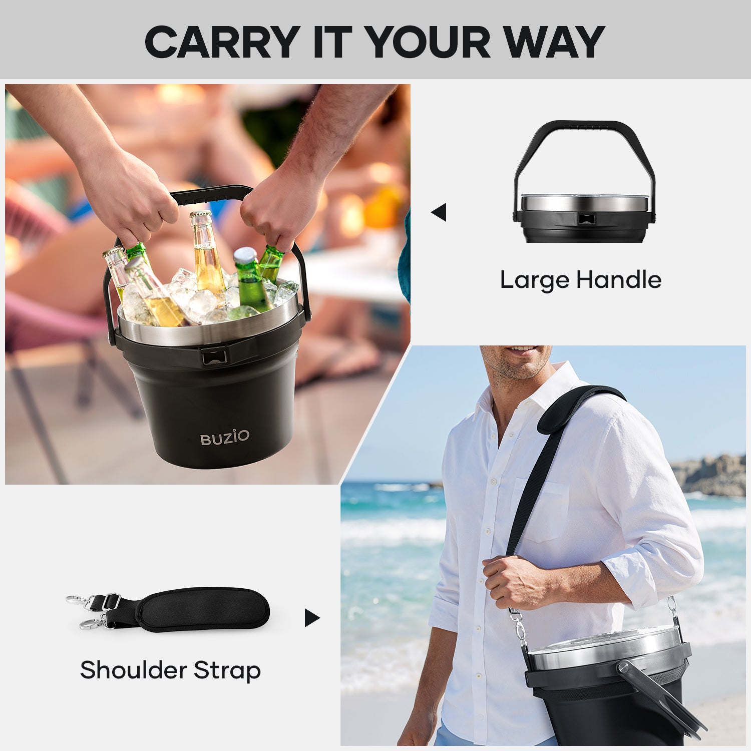 Buzio Insulated Ice Bucket 7L with Lid Scoop Tongs and 2 Cups - Black