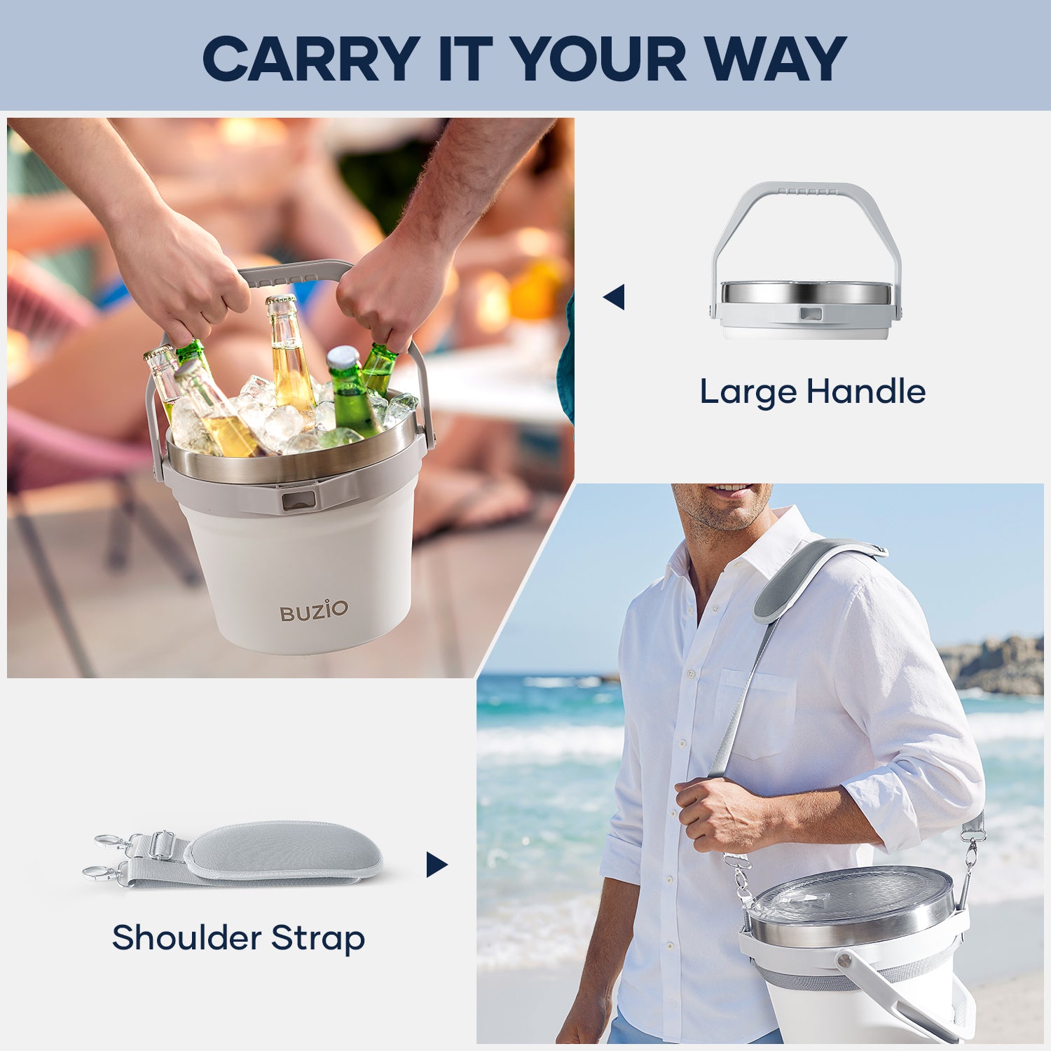 Buzio Insulated Ice Bucket 7L with Lid Scoop Tongs and 2 Cups - White