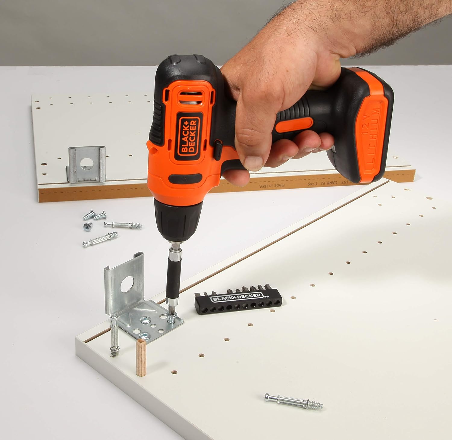 B+D 12V Cordless Drill Driver With 13 Pieces Bits In Kitbox and 5m Tape Measure, 1.5Ah 900 Rpm