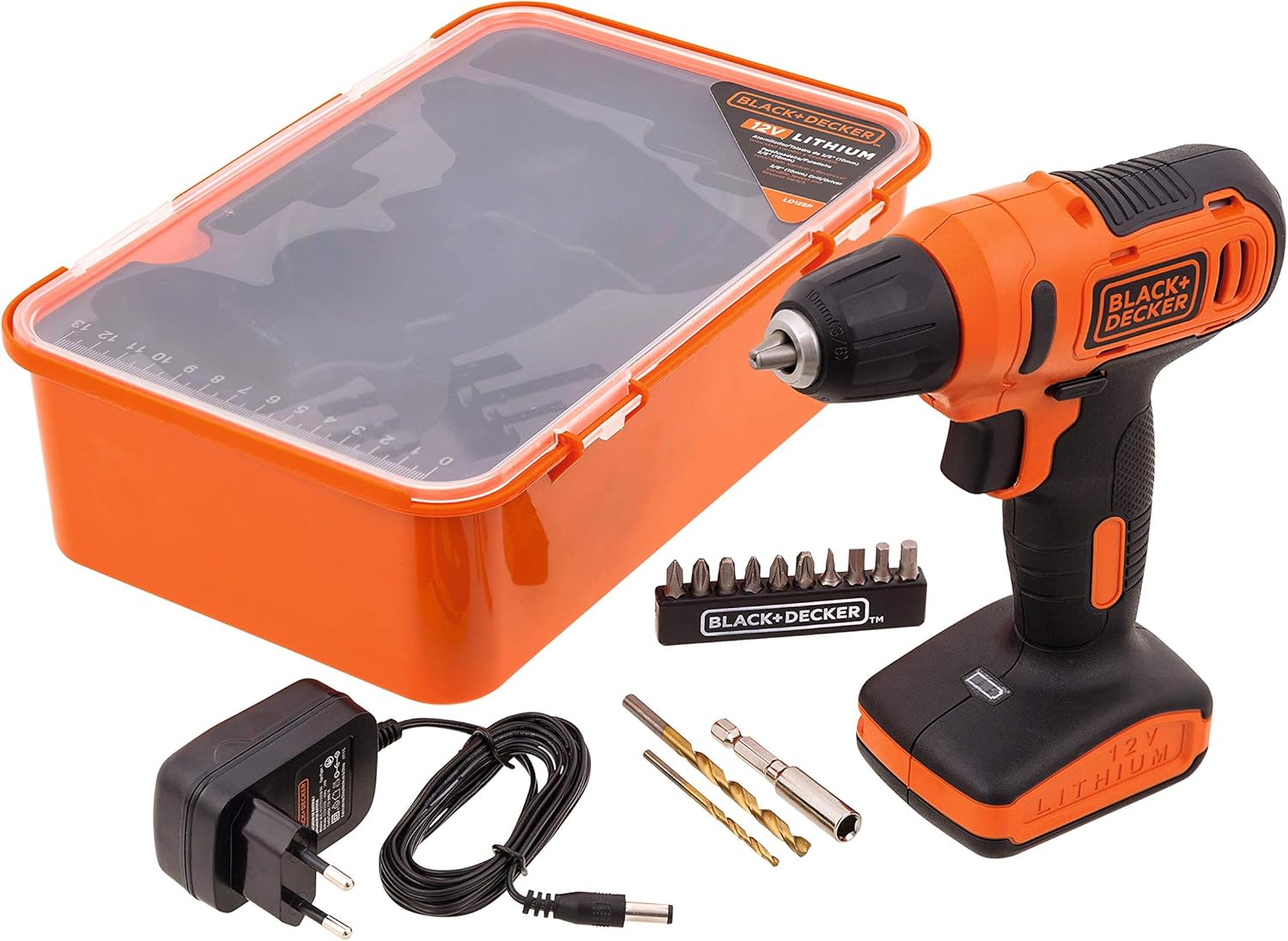 B+D 12V Cordless Drill Driver With 13 Pieces Bits In Kitbox and 5m Tape Measure, 1.5Ah 900 Rpm