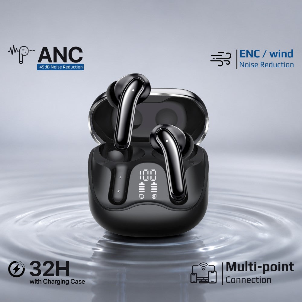 Promate Serix Hybrid ANC True Wireless Earbuds with 6-Mic ENC, Bluetooth 6.0, Wireless Charging Case,Black