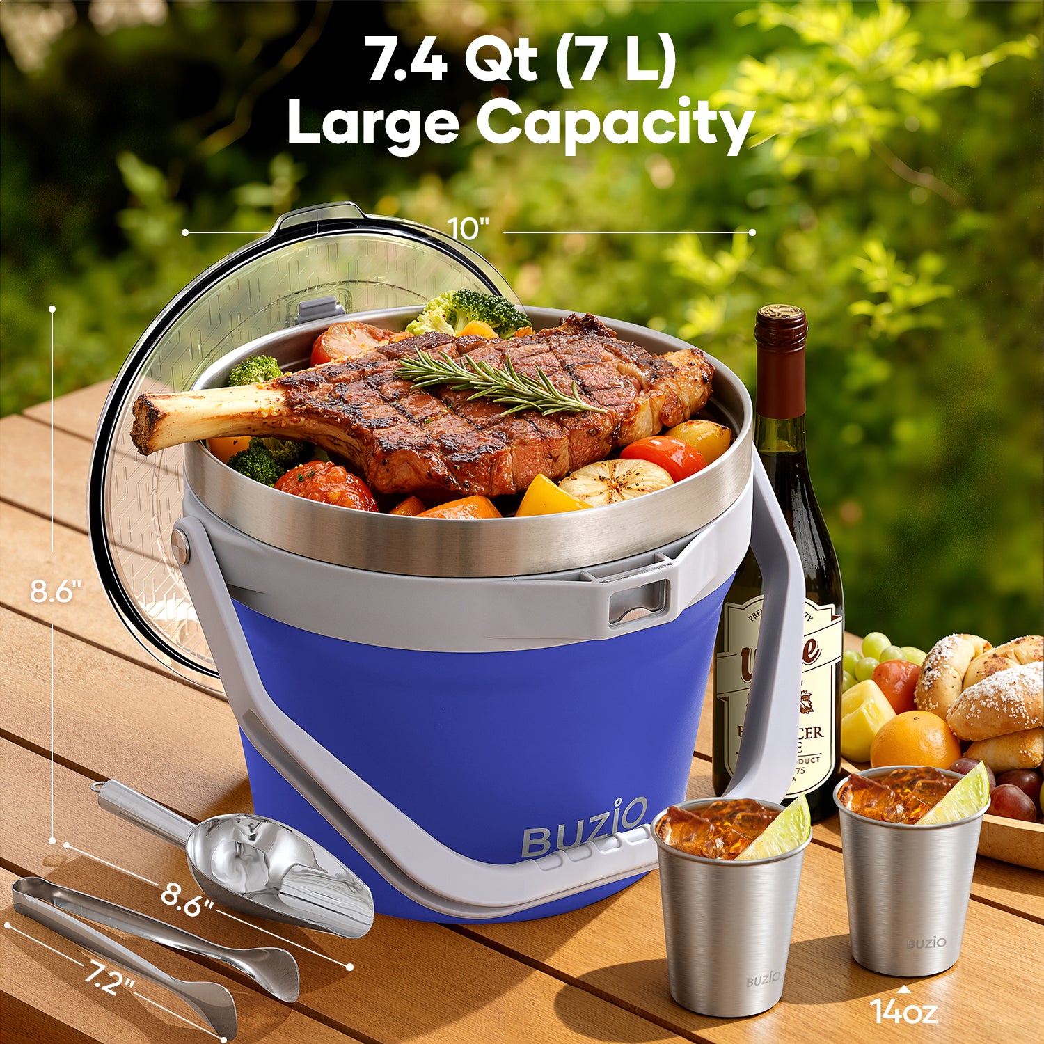 Buzio Insulated Ice Bucket 7L with Lid Scoop Tongs and 2 Cups - Purple