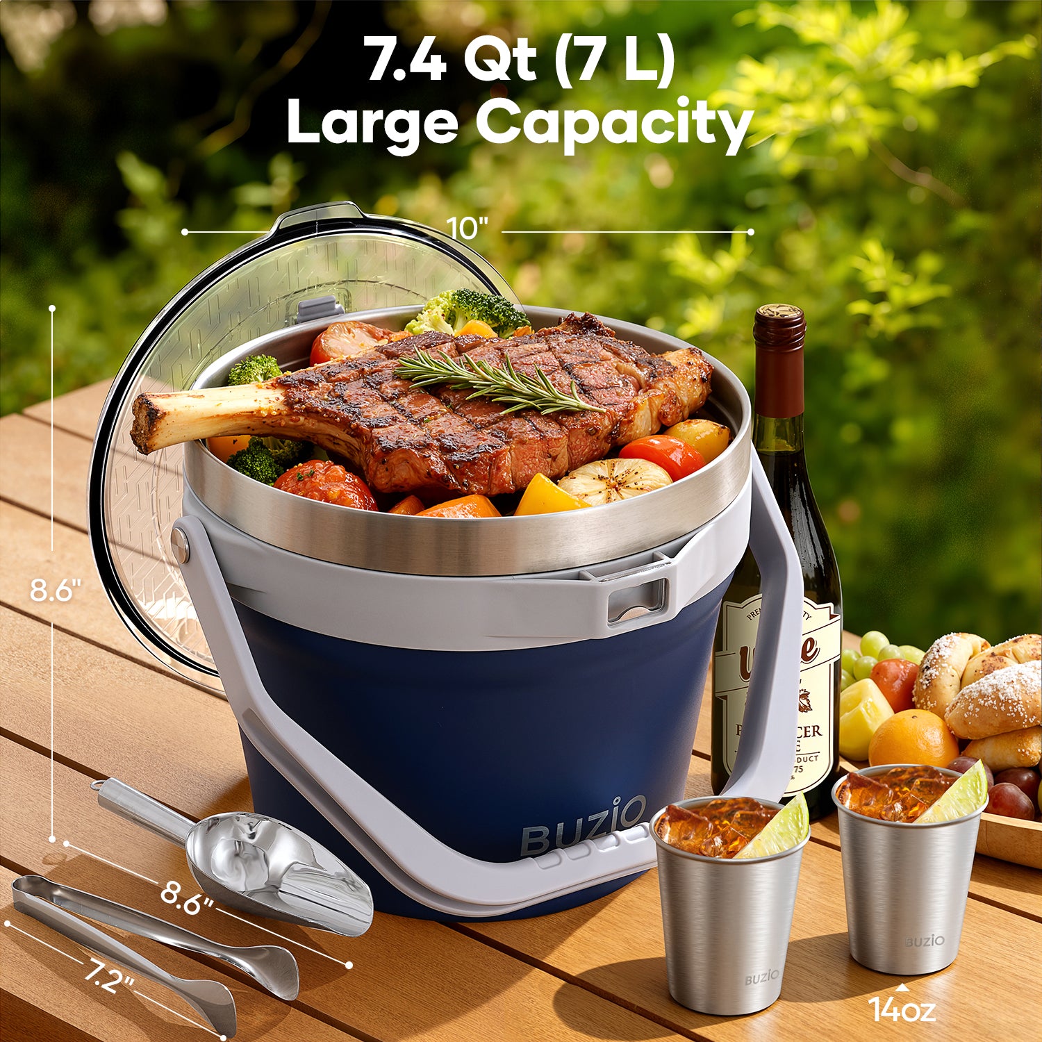 Buzio Insulated Ice Bucket 7L with Lid Scoop Tongs and 2 Cups - Blue