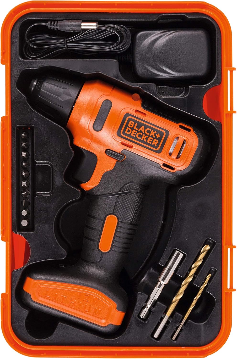 B+D 12V Cordless Drill Driver With 13 Pieces Bits In Kitbox and 5m Tape Measure, 1.5Ah 900 Rpm