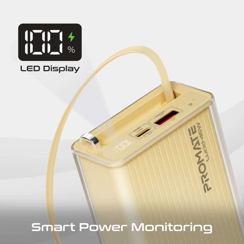 PROMATE  Power through your day with this 20,000mAh power bank featuring 45W fast charging,Gold
