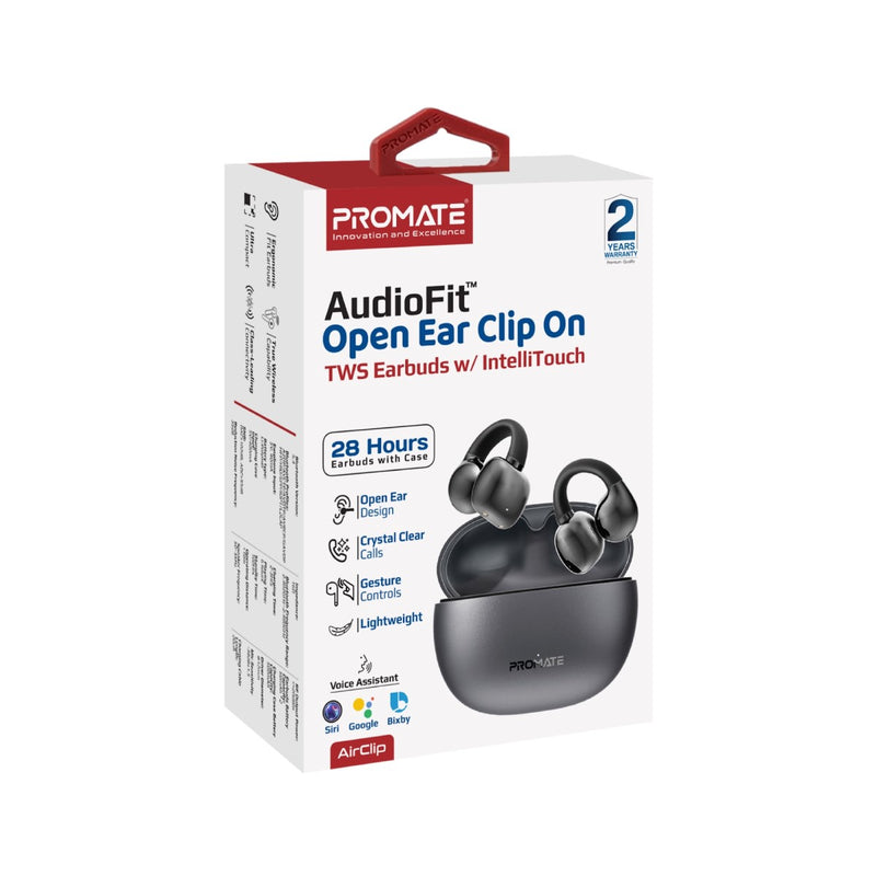 Promate AudioFit™ Open Ear Clip On TWS Earbuds w/ IntelliTouch,Black