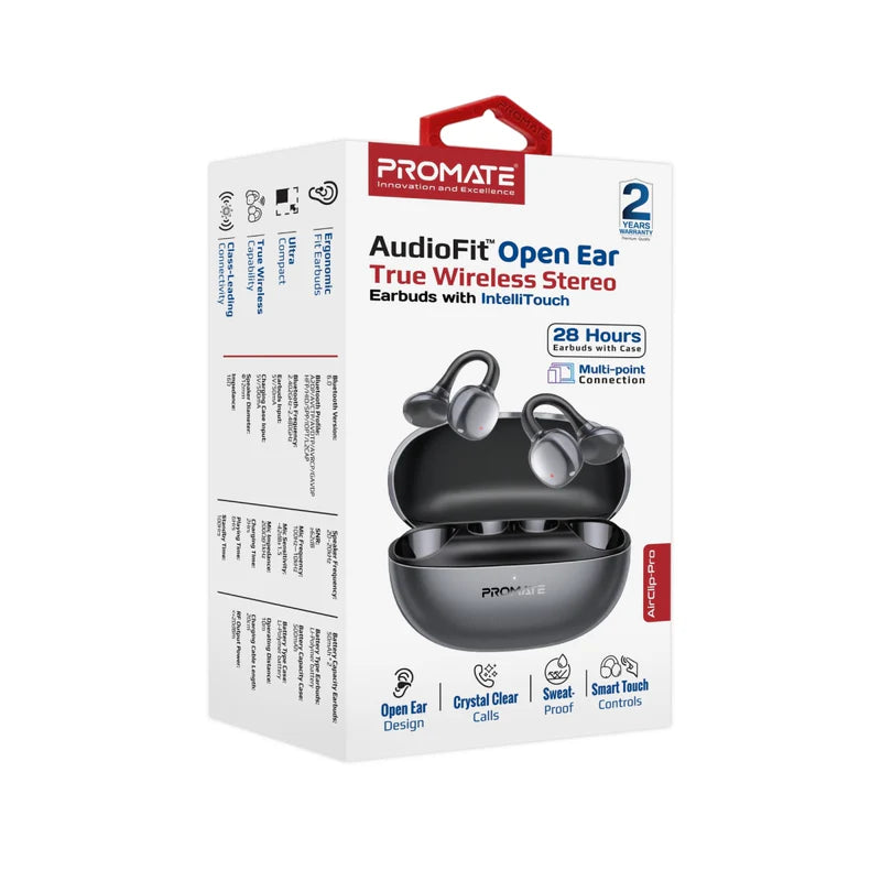 Promate  AudioFit™ Open Ear Clip On TWS Earbuds w/ IntelliTouch ,Smart Touch Contro,Black