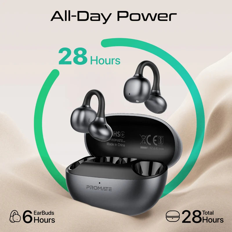 Promate  AudioFit™ Open Ear Clip On TWS Earbuds w/ IntelliTouch ,Smart Touch Contro,Black