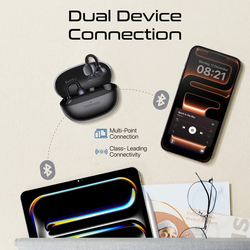 Promate  AudioFit™ Open Ear Clip On TWS Earbuds w/ IntelliTouch ,Smart Touch Contro,Black