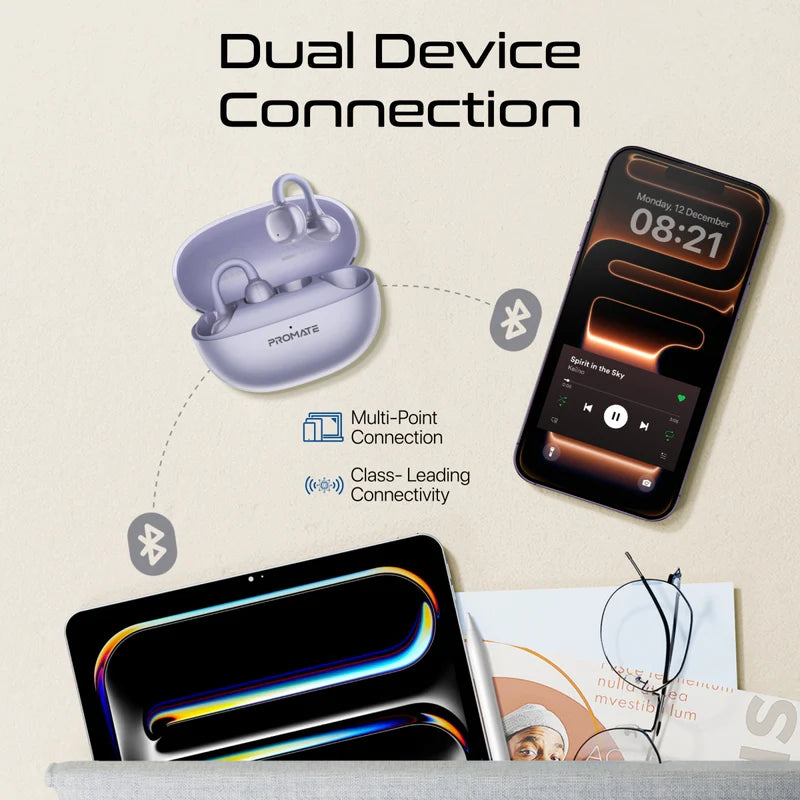 Promate AudioFit Open Ear Clip On TWS Earbuds w/ IntelliTouch , Smart Touch Contro,perple
