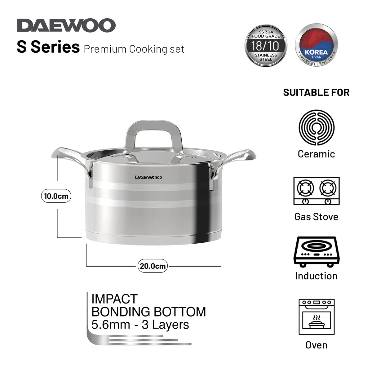Daewoo 18/10 Stainless Steel Cookware Set of 7 Pcs (28, 24, 20 cm Pots, 24cm Pan) - Silver