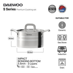 Daewoo 18/10 Stainless Steel Cookware Set of 7 Pcs (28, 24, 20 cm Pots, 24cm Pan) - Silver