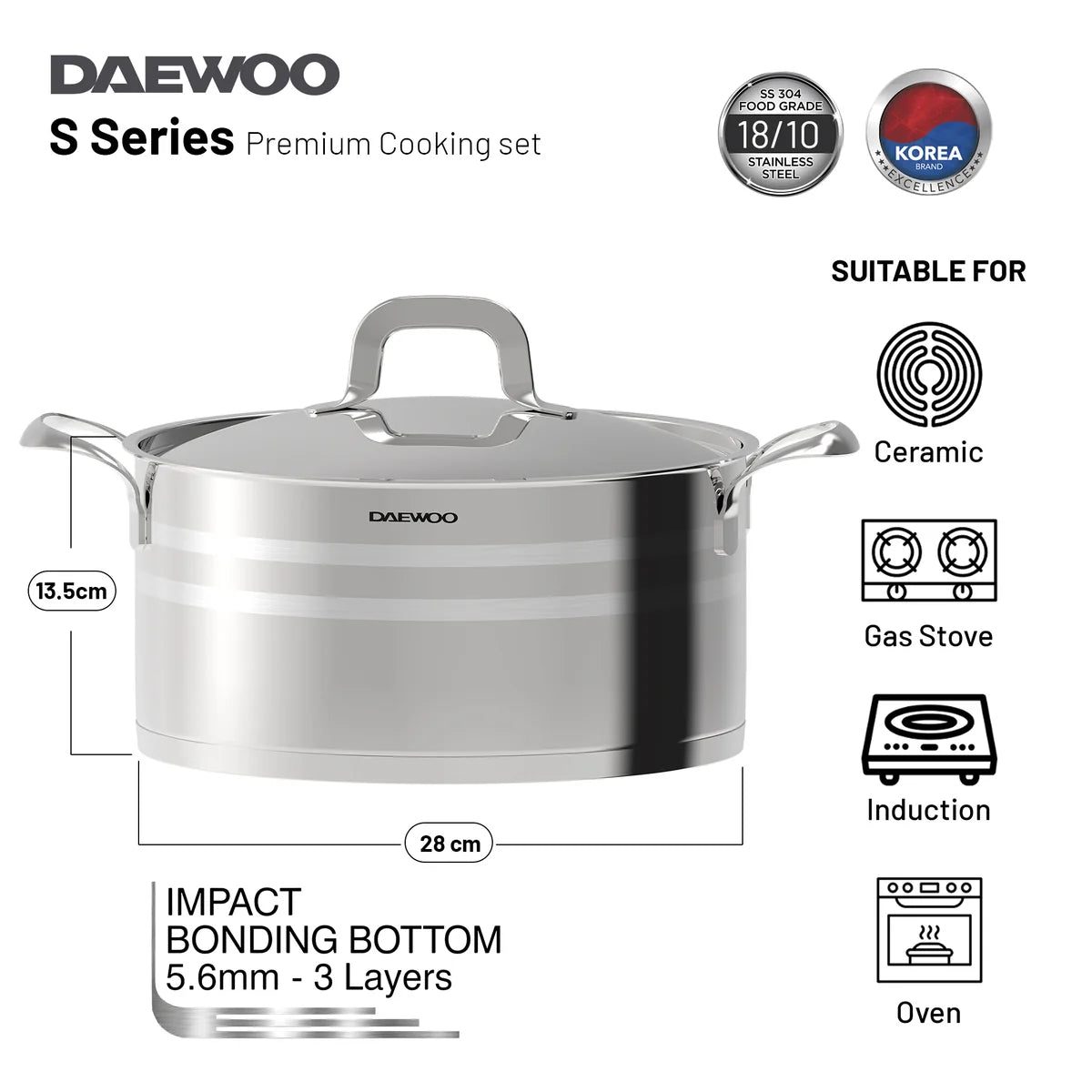 Daewoo 18/10 Stainless Steel Cookware Set of 7 Pcs (28, 24, 20 cm Pots, 24cm Pan) - Silver