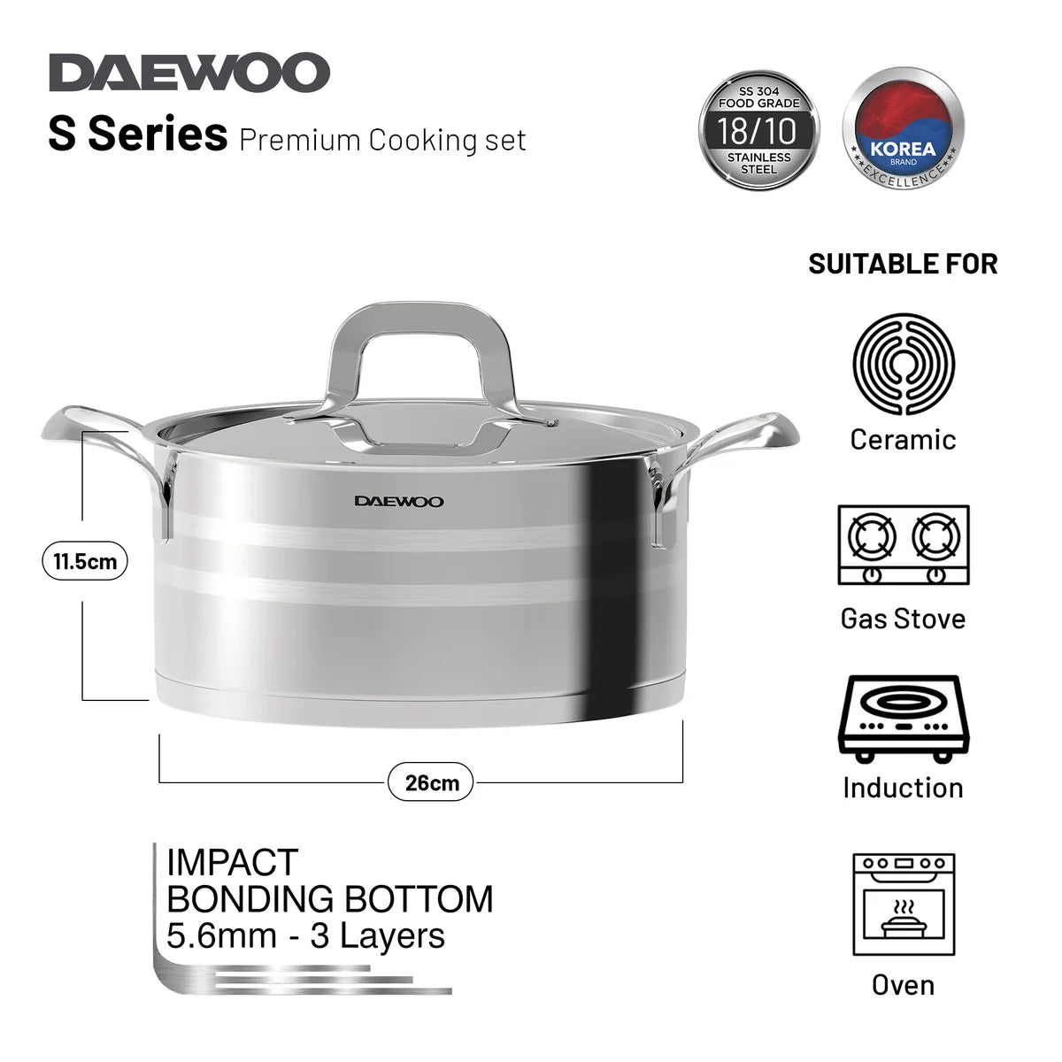 Daewoo 18/10 Stainless Steel Cookware Set of 7 Pcs (28, 24, 20 cm Pots, 24cm Pan) - Silver