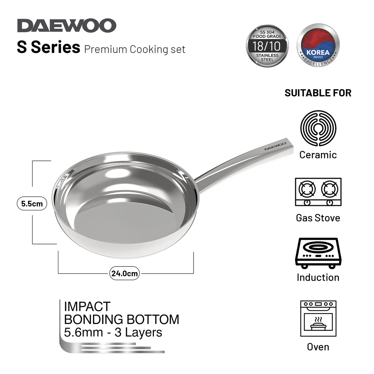 Daewoo 18/10 Stainless Steel Cookware Set of 7 Pcs (28, 24, 20 cm Pots, 24cm Pan) - Silver