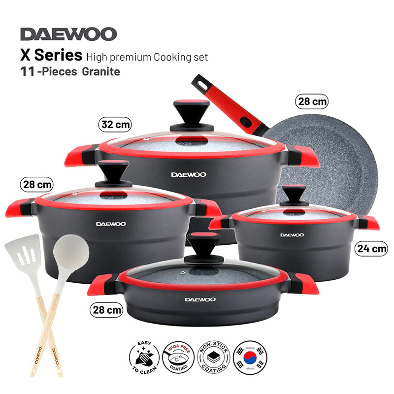Daewoo X Series 11 Piece Granite Cooking Set (32,28,24 cm Pot, 28 cm Pan, 28 cm Casserole), 2 Pcs of Utensil Tools - Black/Red