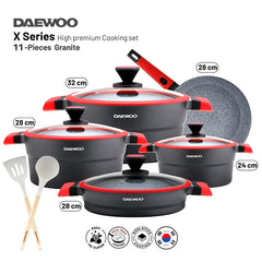 Daewoo X Series 11 Piece Granite Cooking Set (32,28,24 cm Pot, 28 cm Pan, 28 cm Casserole), 2 Pcs of Utensil Tools - Black/Red