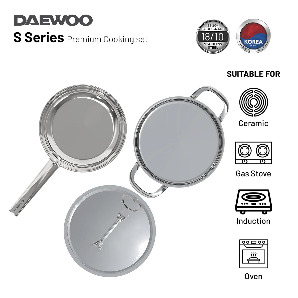 Daewoo 18/10 Stainless Steel Cookware Set of 7 Pcs (28, 24, 20 cm Pots, 24cm Pan) - Silver