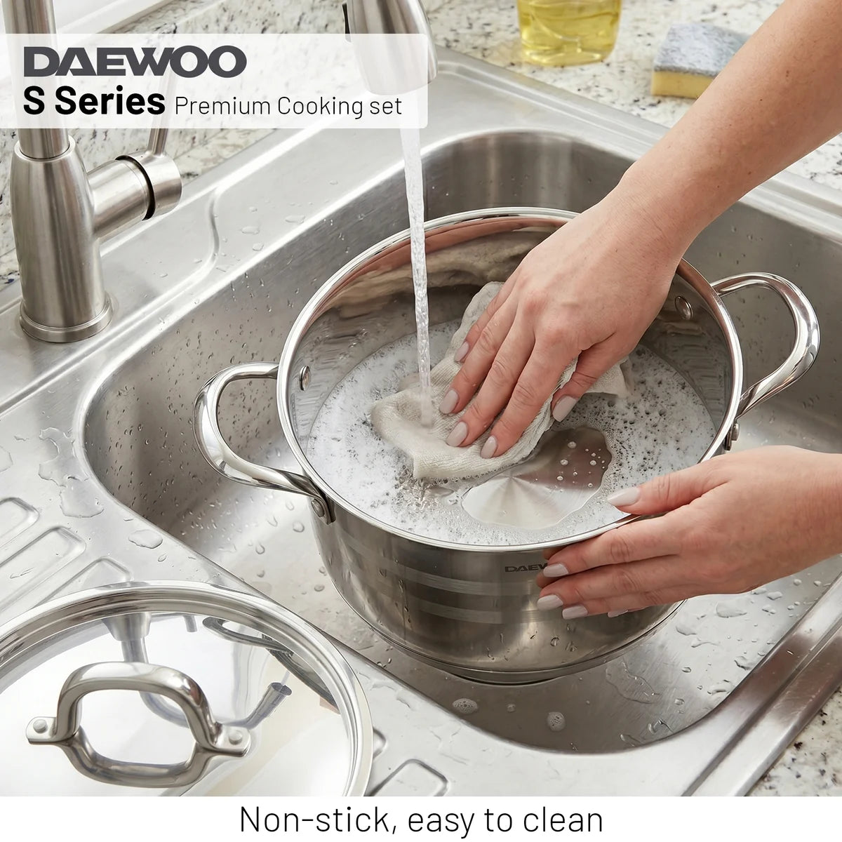Daewoo 18/10 Stainless Steel Cookware Set of 7 Pcs (28, 24, 20 cm Pots, 24cm Pan) - Silver