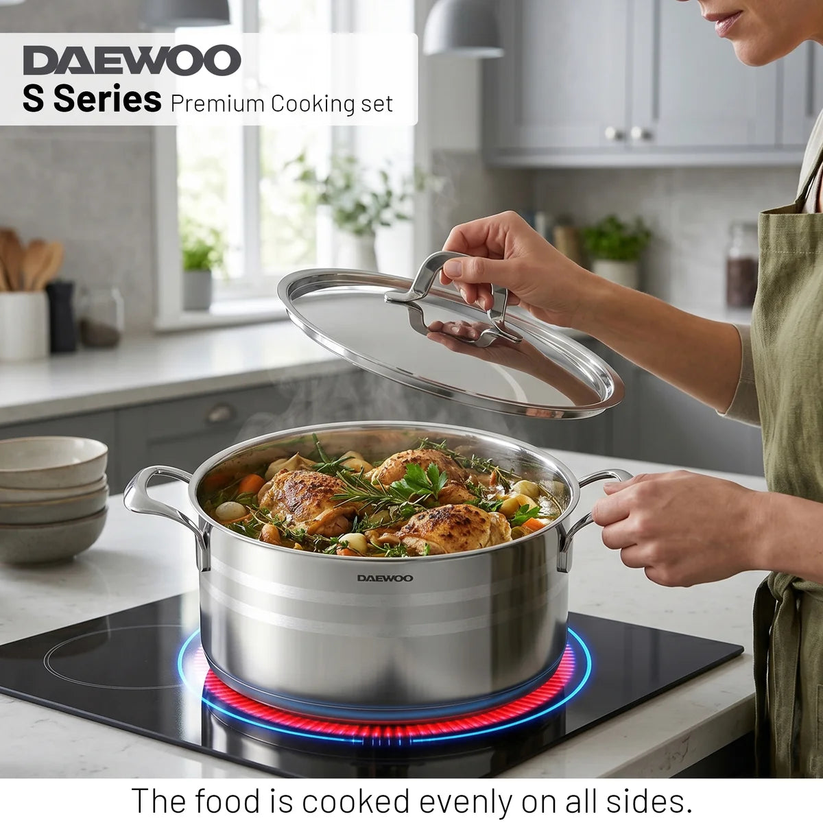Daewoo 18/10 Stainless Steel Cookware Set of 7 Pcs (28, 24, 20 cm Pots, 24cm Pan) - Silver