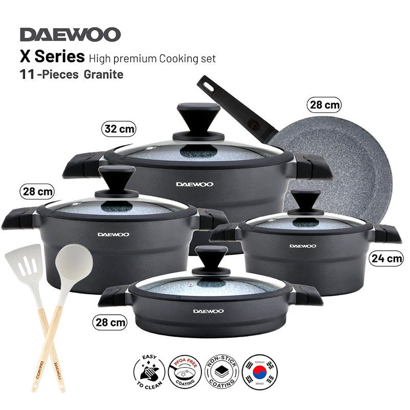 Daewoo X Series Non-Stick Granite Coating Cookware Set Of 11 pcs (32,28,24 cm Pot, 28 cm Pan, 28 cm Casserole), 2 Pcs of Utensil Tools - Black
