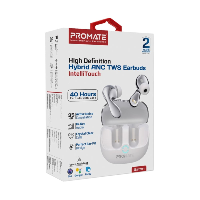 Promate High-Definition Hybrid ANC TWS Earbuds with intellitouch,White