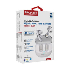 Promate High-Definition Hybrid ANC TWS Earbuds with intellitouch,White