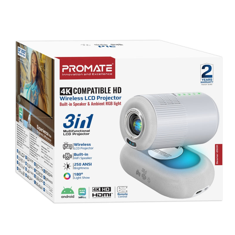 Promate 4K Compatible HD Wireless LCD Projector with Built-In Speaker & Ambient RGB light, 250 ANSi Brigthness,White