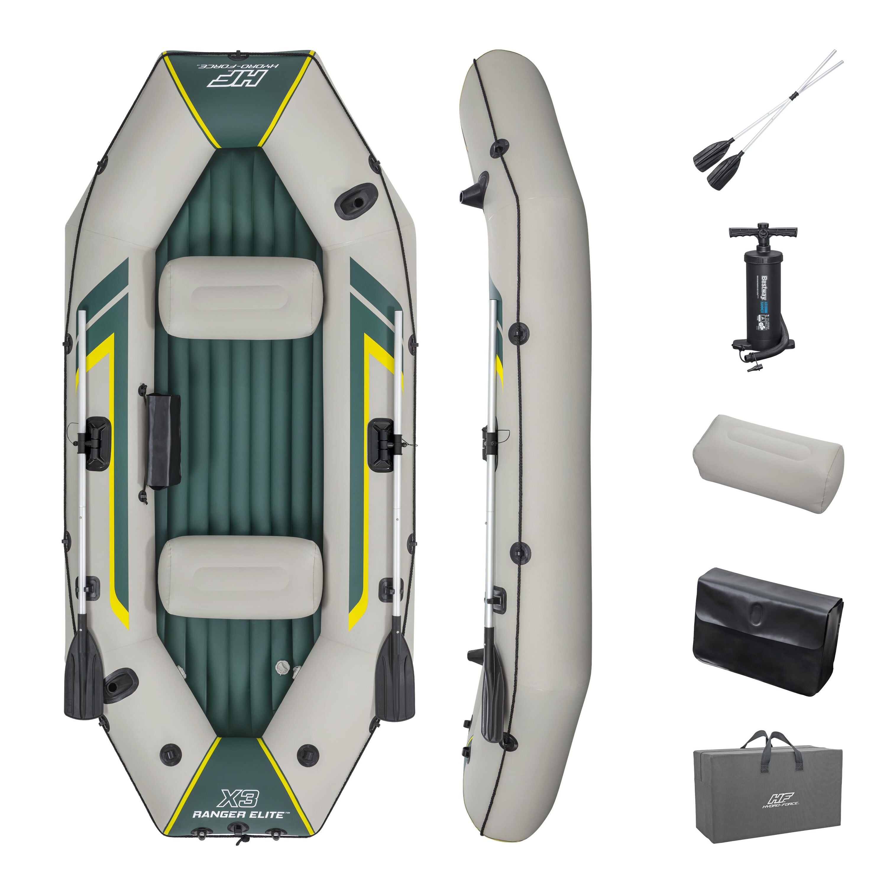 Bestway 2.95M X 1.30M X46CMRANGER Elite X3 Raft Set (Contents:1 boat, 1 pair of oars, 1 hand pump, 1 gear pouch, 1 carry bag, repair patch)