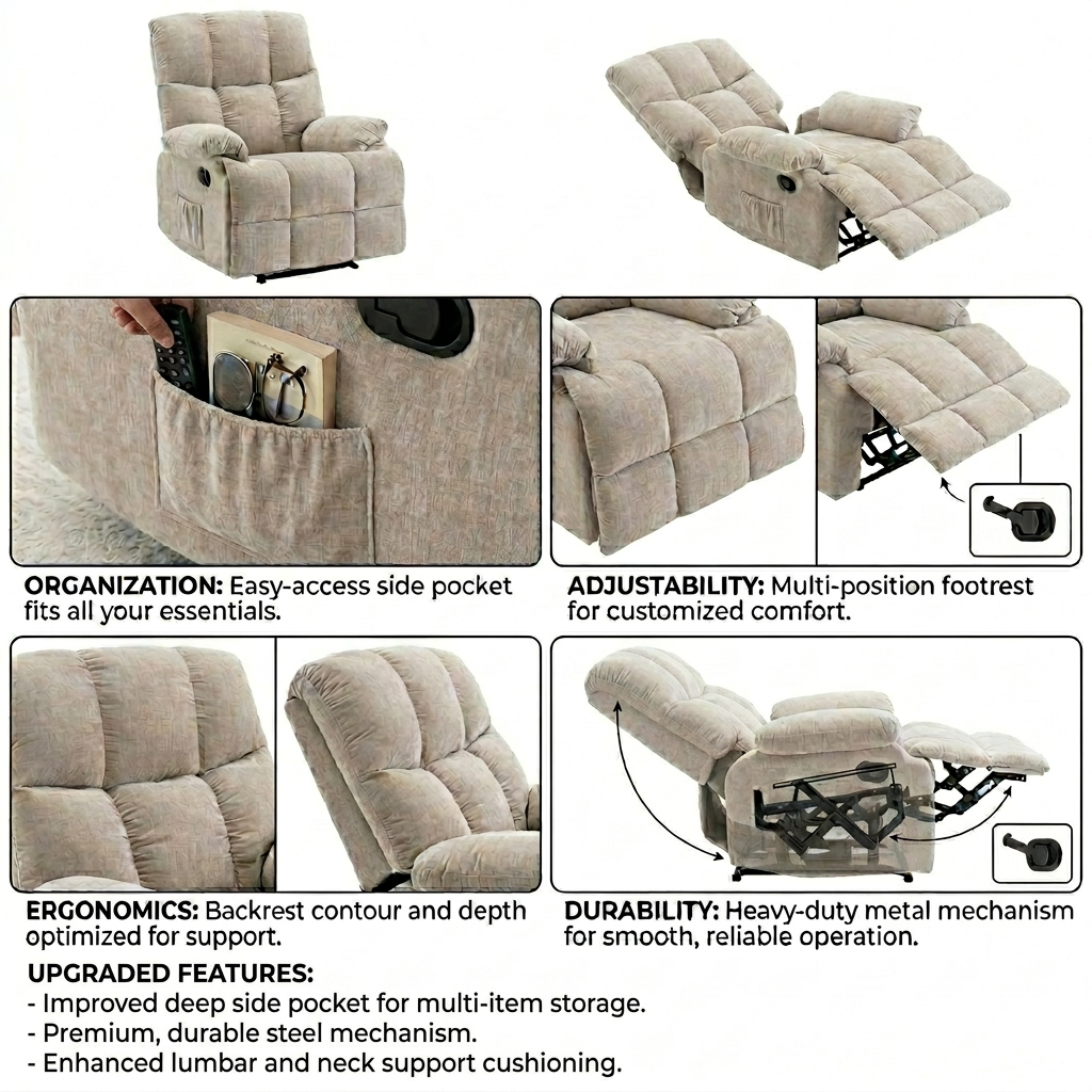 Lounge Recliner Sofa – Premium Chenille Fabric Comfort Design (88×94×103 cm) – Beige