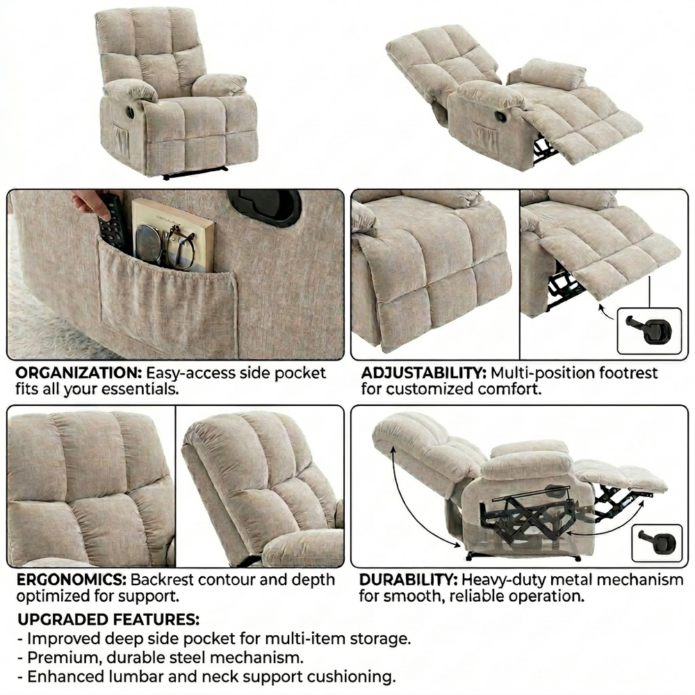 Lounge Recliner Sofa – Premium Chenille Fabric Comfort Design (88×94×103 cm) – Beige
