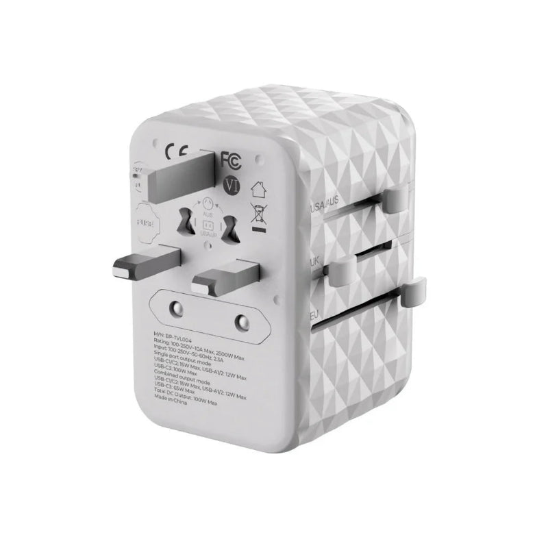 Blupebble Passport 4 GaN III World Travel Adapter with 100W Power, 3 USB-C & 2 USB-A - White