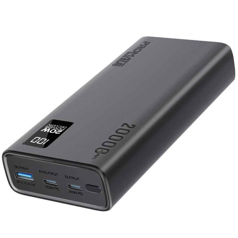 PROMATE Compact Smart Charging Power Bank with 20W PD Dual USB-C and 22.5W USB-A Ports,Black