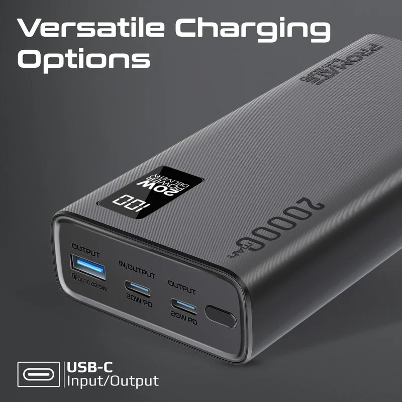 PROMATE Compact Smart Charging Power Bank with 20W PD Dual USB-C and 22.5W USB-A Ports,Black