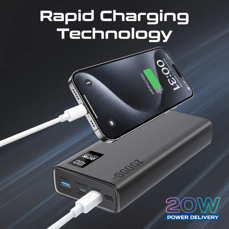 PROMATE Compact Smart Charging Power Bank with 20W PD Dual USB-C and 22.5W USB-A Ports,Black