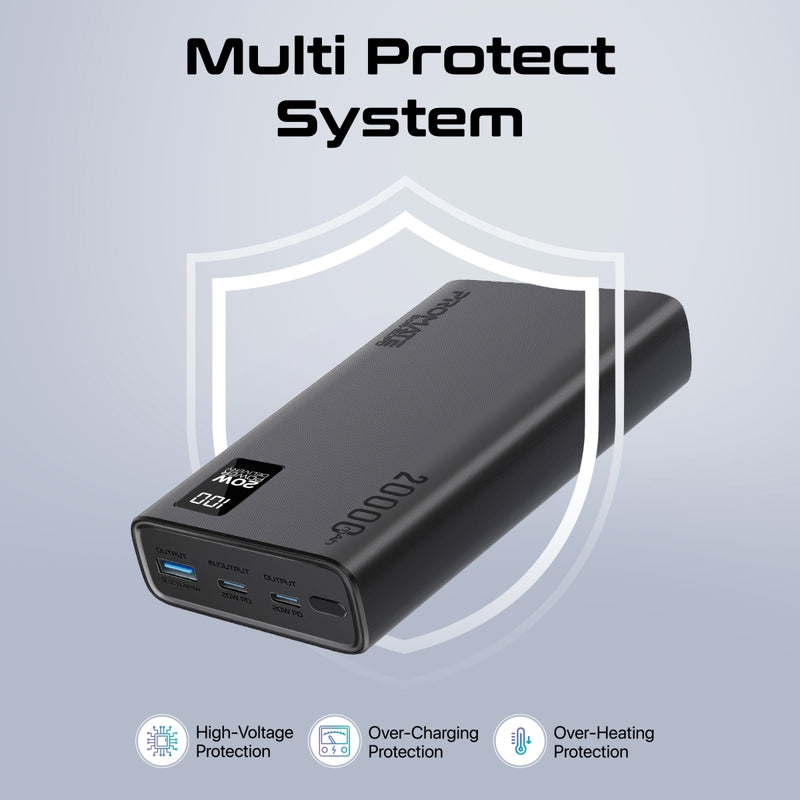 PROMATE Compact Smart Charging Power Bank with 20W PD Dual USB-C and 22.5W USB-A Ports,Black