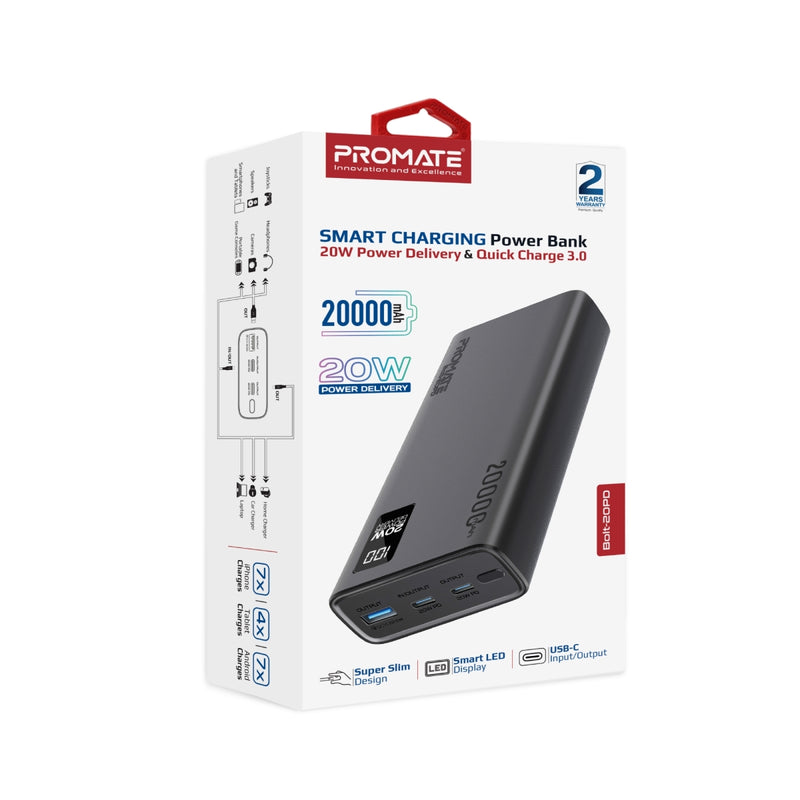 PROMATE Compact Smart Charging Power Bank with 20W PD Dual USB-C and 22.5W USB-A Ports,Black