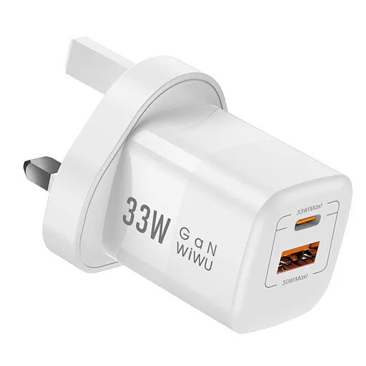 شاحن حائط WIWU Wi-U008 بقوة 33 واط بتقنية الشحن السريع PD+QC / قابس بريطاني، لون أبيض
