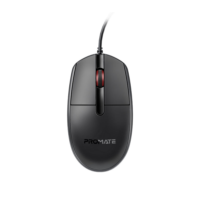 Promate 3 Button Wired Optical Mouse with 1200dpi ,BLACK