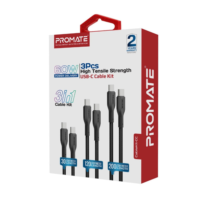 Promate 60W Power Delivery 3Pcs High Tensile Strength USB-C Cable Kit ,Black