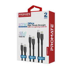 Promate 27W Power Delivery 3Pcs High Tensile Strength USB-C to Lightning Cable Kit ,Black