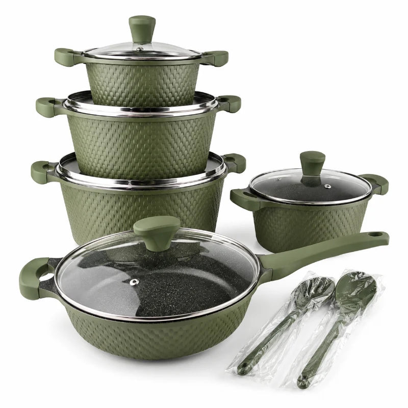 OSFE 12 PCS Aluminum Nonstick Granite Cookware Set (32, 28, 24, 20 cm Pots, 28 cm Pan with 2 Pcs of Utensil Tools) - Green