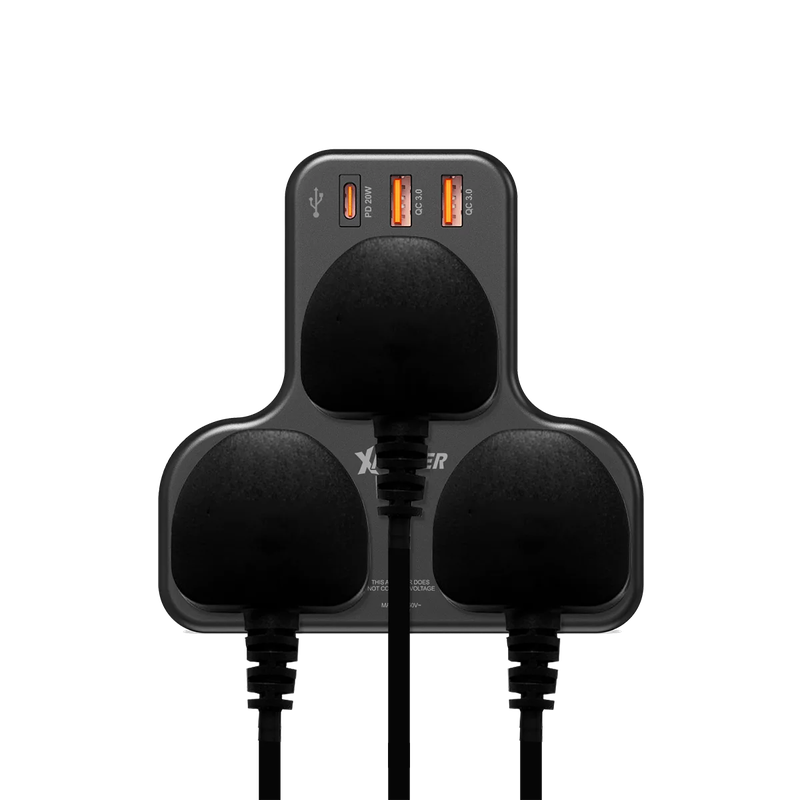 XPower WSS2 PD 20W 3 Outlet T-Shaped Extension Socket - Black