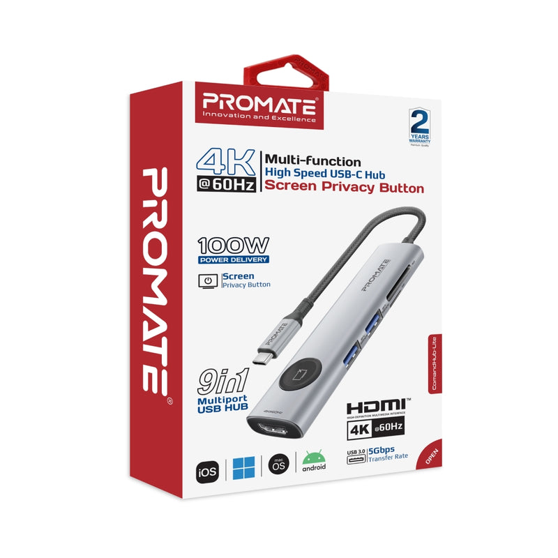 Promate 4K@60Hz Multi-Function High Speed USB-C Hub w/ Screen Privacy Button ,Grey