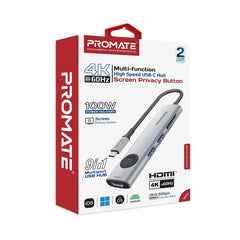 Promate 4K@60Hz Multi-Function High Speed USB-C Hub w/ Screen Privacy Button ,Grey