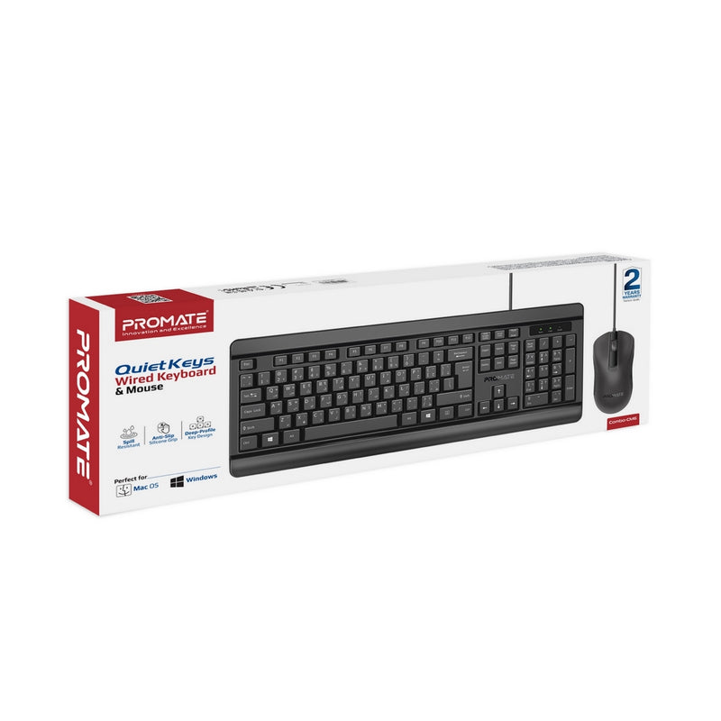 Promate Sleek Full-Size Keyboard & Mouse w/ 1200dpi ,Black