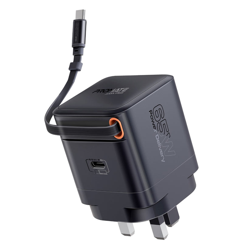 Promate - 65W Power Delivery GanFast™ Charging Adapter with Retractable USB-C Cable,BLACK