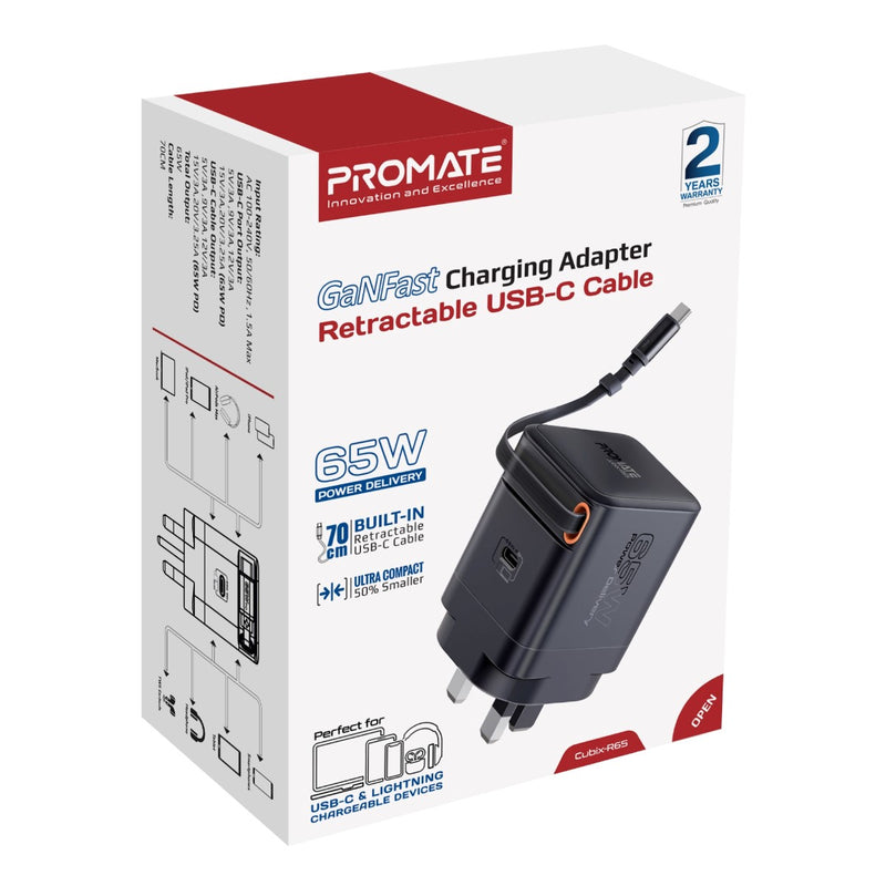Promate - 65W Power Delivery GanFast™ Charging Adapter with Retractable USB-C Cable,BLACK
