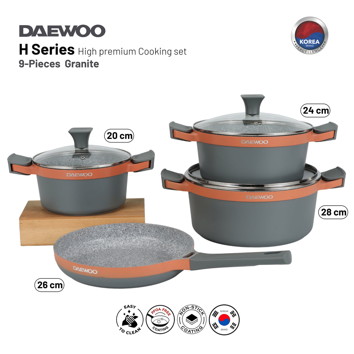 Daewoo H Series 7 Pcs Granite Cooking Set 28, 24, 20 cm Pot, 26 cm Pan with 2 Pcs of Utensil Tools